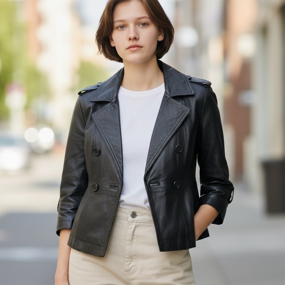 Women’s Cynthia Steffe 100% Leather Black Peplum Blazer Jacket Medium Chic Y2K